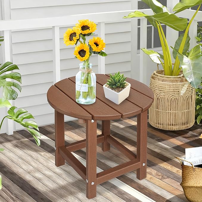 LZRS Round Adirondack Patio Side Table End Table, Outdoor Side Tables for Patio, Backyard,Pool, Indoor Companion, Easy Maintenance & Weather Resistant(Brown)
