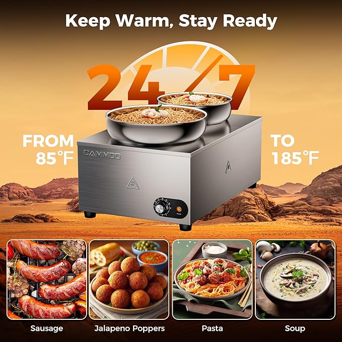 1200W Stainless Steel Electric Soup Warmer 20qt, Bain Marie Pot, Steam Table Food Warmer 86~185°F Adjustable Temp, Commercial Soup Kettle for Catering Restaurant Buffet