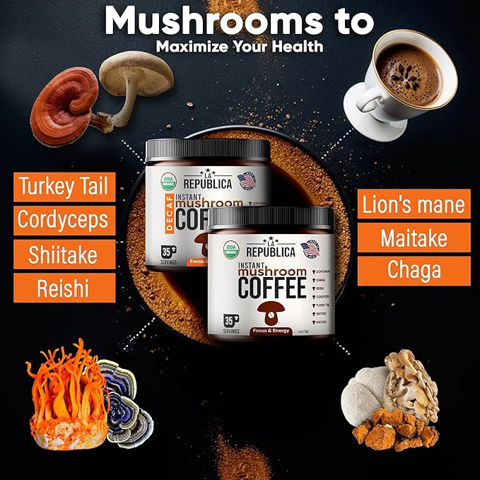 La Republica Organic Instant Mushroom Coffee (2.5oz) + Decaf (2.5oz) - 70 Servings with Coasters & Mixing Spoon - 100% Arabica with Lion's Mane, Reishi, Chaga, Cordyceps, Shiitake, Maitake, Turkey Tail