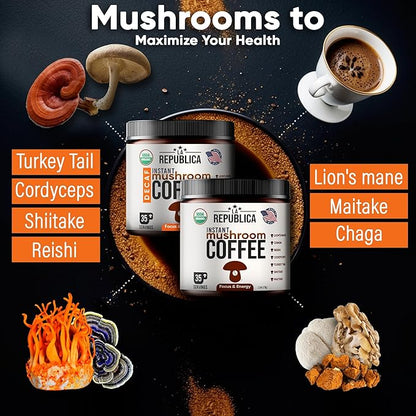 La Republica Organic Instant Mushroom Coffee (2.5oz) + Decaf (2.5oz) - 70 Servings with Coasters & Mixing Spoon - 100% Arabica with Lion's Mane, Reishi, Chaga, Cordyceps, Shiitake, Maitake, Turkey Tail