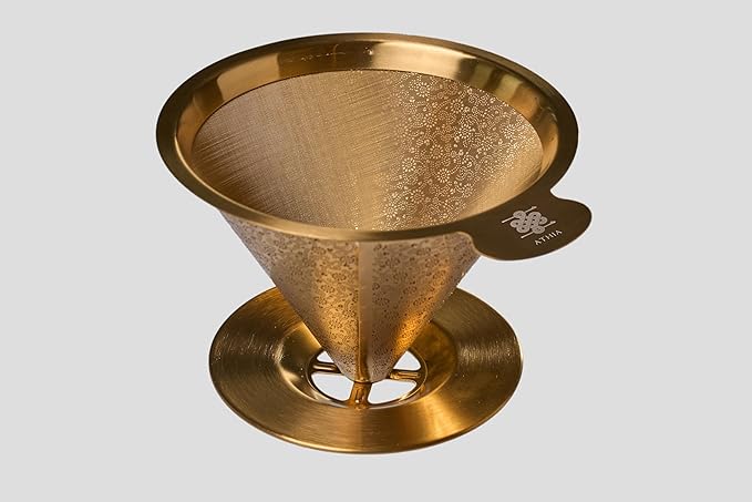 ATHIA Golden Reusable Coffee Filter, Stainless Steel Pour Over Dripper with Laser-etched Mesh Cone, Eco-friendly Paperless Design, Fits Most Mugs, Carafes & Hario Brewers (Golden, Flower Carving)