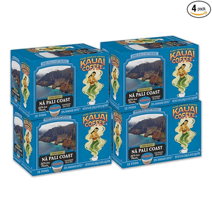 Kauai Coffee Na Pali Coast Dark Roast - Compatible with Keurig Pods K-Cup Brewers (4 Packs of 12 Single-Serve Cups)