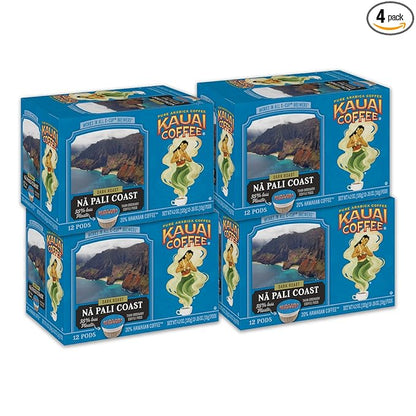 Kauai Coffee Na Pali Coast Dark Roast - Compatible with Keurig Pods K-Cup Brewers (4 Packs of 12 Single-Serve Cups)