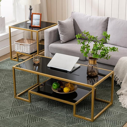 COSVALVE Simple Modern Glass 3-Piece Table Set, Includes Coffee Table and 2 End Tables, Brass