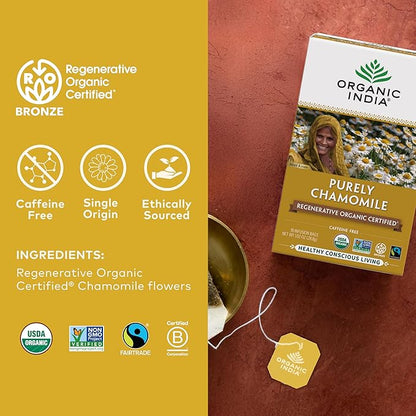 Organic India Purely Chamomile Tea- Regenerative Organic Chamomile Flowers, Caffeine Free, Calming & Relaxing Herbal Tea, Pure Chamomile, Natural Support for Sleep & Relaxation- 18 Tea Bags, Pack of 6
