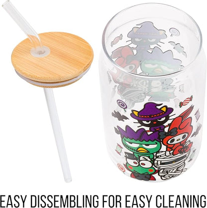 Silver Buffalo Sanrio Hello Kitty & Friends Halloween Spooky Badtz-Maru Frankenstein, Chococat Witch, My Melody Ghost, Keroppi Vampire, Mummy Glass Jar Tumbler w Bamboo Lid and Glass Straw, 16oz