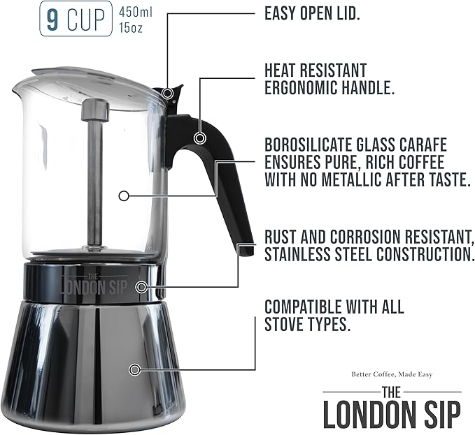 London Sip Glass and Stainless Steel Stovetop Espresso Maker Moka Pot Italian Coffee Percolator, Matte Black, Large (15.2 oz)