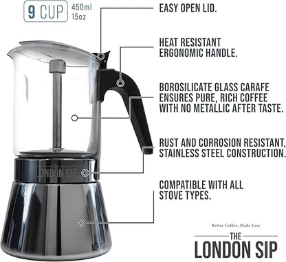 London Sip Glass and Stainless Steel Stovetop Espresso Maker Moka Pot Italian Coffee Percolator, Matte Black, Large (15.2 oz)