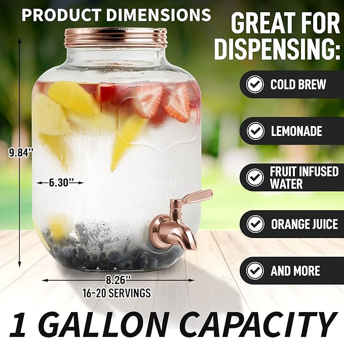 Zulay Kitchen 1 Gallon Cold Brew Coffee Maker - Large Iced Tea & Cold Brew Pitcher with Extra-Thick Glass & Stainless Steel Infuser - Drink & Beverage Dispenser Jar with Airtight Lid & Spout Rose Gold