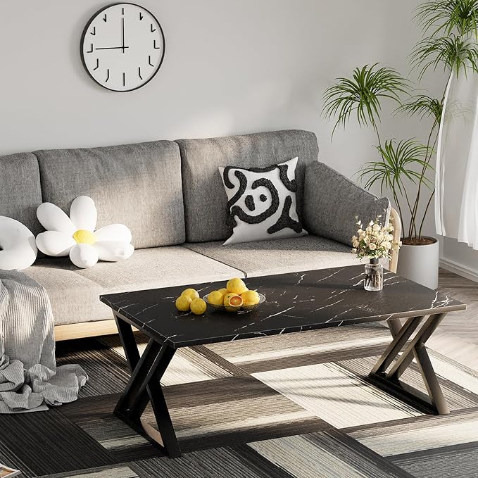 Coffee Table Living Room Table Black Center Table, Simple Modern Faux Marble Rectangular Tea Table with Sturdy Black-Finished Metal Frame,Industrial Wooden Coffee Table for Bedroom Home Office
