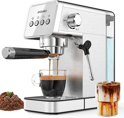 Espresso Machine with Steam Milk Frother,20 Bar Stainless Steel Coffee Maker for Latte & Cappuccino,Detachable Water Tank/Drip Tray, Hot Water Function for Home & Office Use