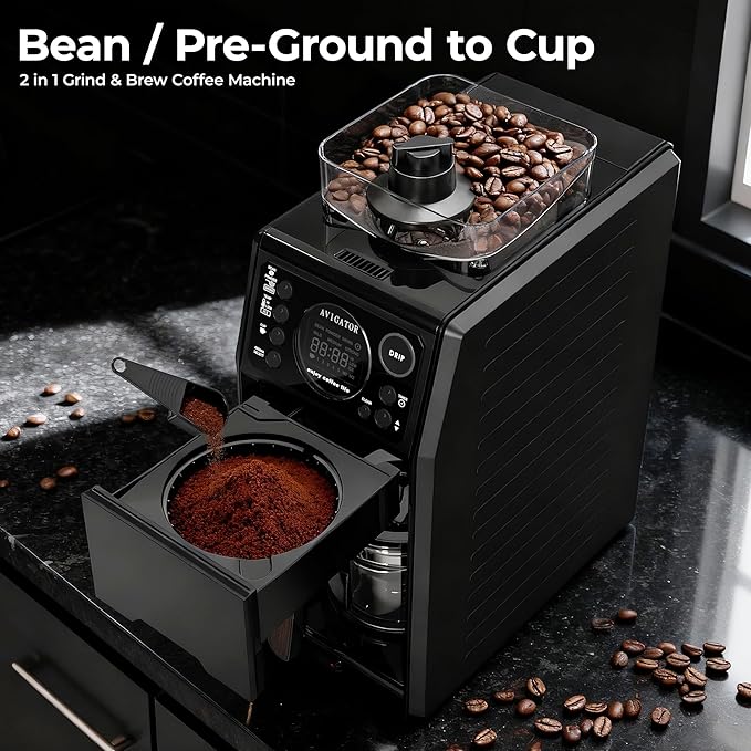 Programmable 5 Cup Coffee Maker with Grinder Built In, Automatic Drip Coffee Machine with Timer, Removable Tank, 22 oz Glass Carafe and Hot Plate, for Home Dorm and Office, Matt Black