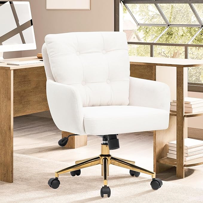 Flannel Office Chair, Comfy Home Office Desk Chairs with Lumbar Support, Modern Velvet Desk Chair Gold Legs Small Swivel Task Chair for Home Office, Bedroom, Study (Beige, L)