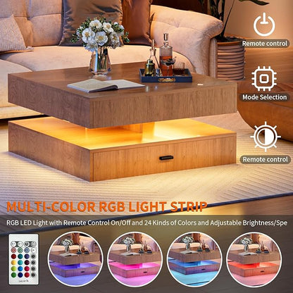 LED Coffee Table for Living Room, 2-Tier Living Room Table Square Center Table, Modern Coffee Tables with Storage, Middle Wooden Tea Tables for Home Office (Walnut)