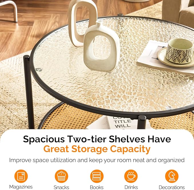 VINGLI 30" Round Coffee Table with Rattan Shelf, Glass Coffee Tables for Home Decor, Modern Coffe Table with 2-Tier Storage, Circle Center Table for Living Room, Office, Small Space, Black
