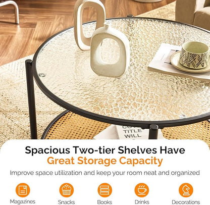 VINGLI 30" Round Coffee Table with Rattan Shelf, Glass Coffee Tables for Home Decor, Modern Coffe Table with 2-Tier Storage, Circle Center Table for Living Room, Office, Small Space, Black