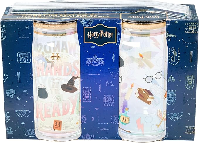 Silver Buffalo Harry Potter Iconic Icons Pattern Wands at the Ready 2 Pack Glass Jar Tumbler with Bamboo Lid and Glass Straw, 16 Ounces