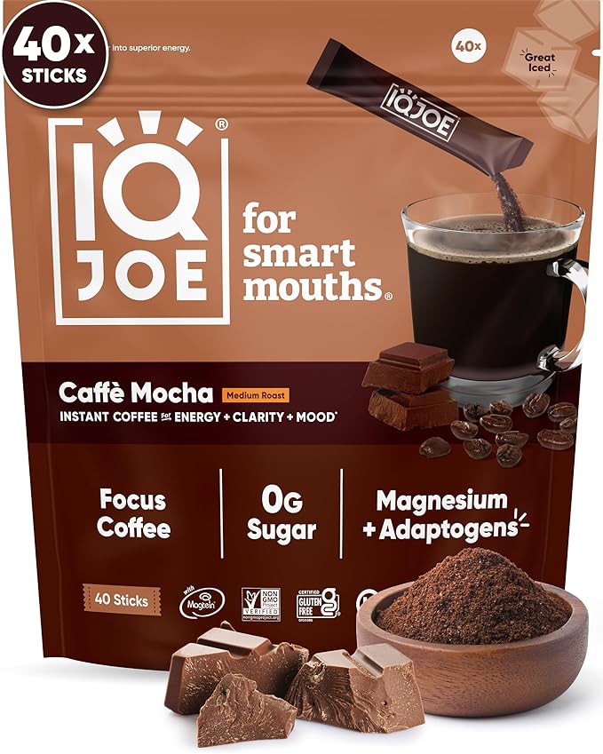 IQJOE Mushroom Coffee Packets (40 Servings) Lion’s Mane, Magtein Magnesium, Antioxidants, Adaptogens - Caffe Mocha - Instant Coffee for Focus, Clarity, Mood, Energy Boost - Sugar Free, Keto, Vegan