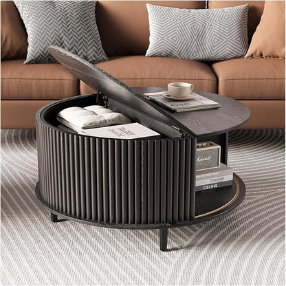 Round Coffee Table with Storage, Mid Century Modern Center Table with Sliding Cabinet Door, Fluted Dining Table for Living Room, Home Small Space, 31.5", Black
