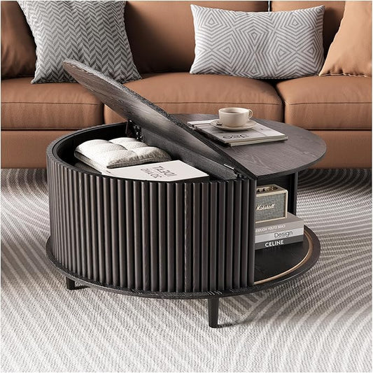 Round Coffee Table with Storage, Mid Century Modern Center Table with Sliding Cabinet Door, Fluted Dining Table for Living Room, Home Small Space, 31.5", Black