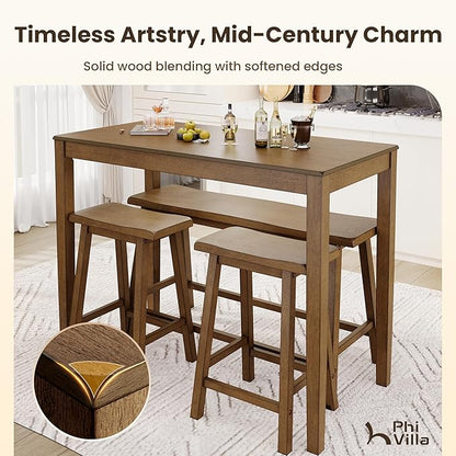 PHI VILLA Dining Table Set for 4, Counter Height Dining Table with 2 Chairs and 1 Bench, Solid Wood Table Sets for Farmhouse, Rustic Kitchen and Dining Room Table Set with Chairs, Rustic Caramel