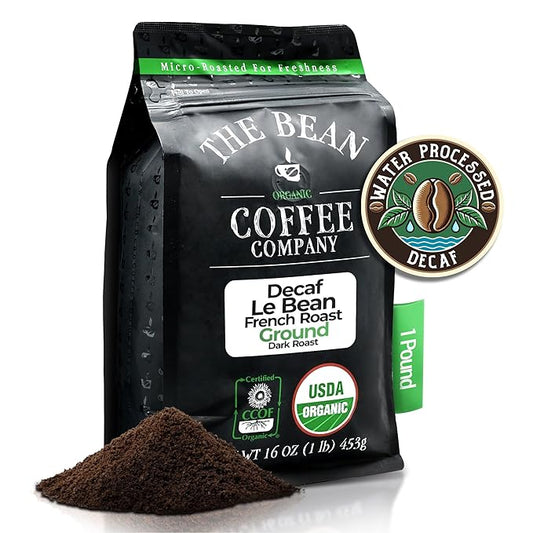 The Bean Organic Coffee Company Water Processed DECAF Le Bean, Dark French Roast, Ground Coffee, 16-Ounce Bag, Café Molido Tostado Orgánico descafeinado