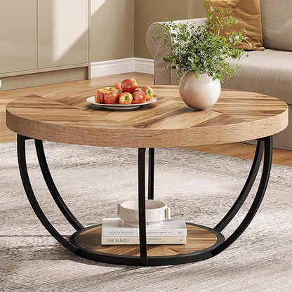 Tribesigns 31.7" Round Industrial Coffee Table with 2-Tier Storage Shelves, Modern Wood & Black Metal Accent Center Table for Living Room, Home Office – Easy Assembly
