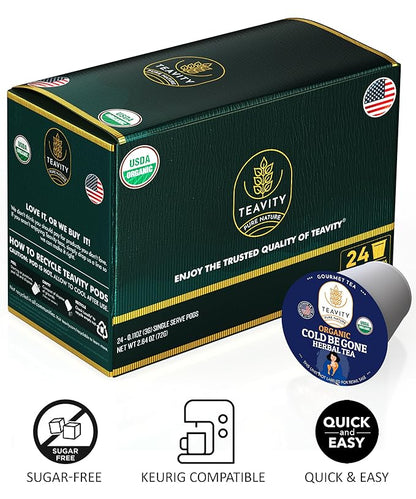 Organic Rooibos Tea Pods for Keurig with Lemon, Mint, Licorice - Unsweetened Decaf Tea for K Cup Brewing - Cold Be Gone by Teavity (24 Tea Pods)
