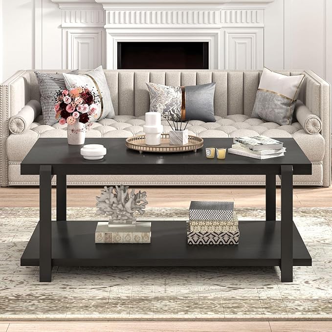 FOLUBAN Black Coffee Table, Modern Rustic Wood Center Table with Storage for Living Room, Industrial Rectangle 2 Tier Cocktail Tea Table, Black Oak