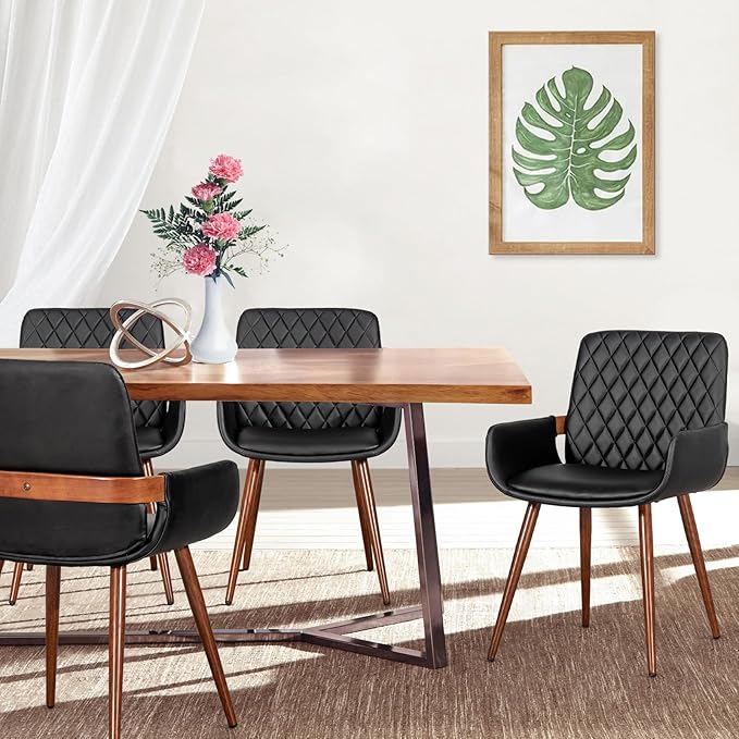 LUNLING Mid Century Modern Faux Leather Dining Room Chairs,Upholstered Seat Metal Legs Chairs Black Faux Leather Kitchen Chair Reception Room Chair,1PCS