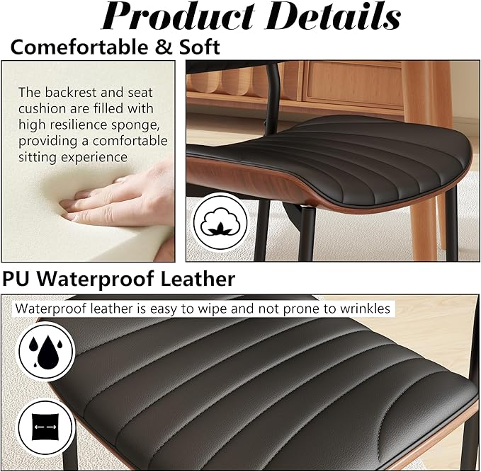 Modern PU Leather Dining Room Chairs Set of 6, Upholstered Kitchen Chairs with Walnut Bentwood Back and Metal Legs Adjustable Feet for Kitchen Dining Room(Balck)