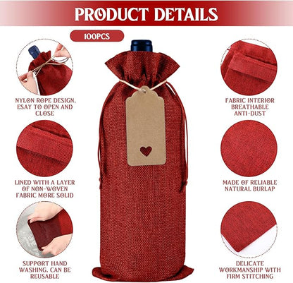 Windyun 100Pcs Burlap Wine Bags Drawstring Wine Bottle Gift Sacks with Tags 5.9 x 13.8 Inch Jute Burlap Plain Wine Bags for Wedding Birthday Blind Tastings Christmas Travel Party (Wine Red)