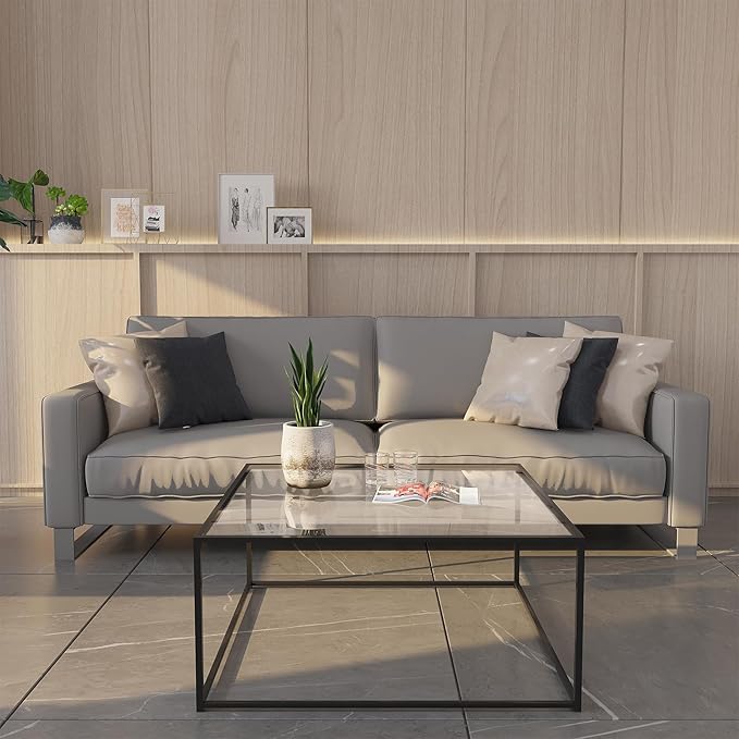 Glass Coffee Table Modern Center Table,Minimalist Coffee Table Sofa Side Tea Table for Living Room,Tempered Glass-top with Sturdy Metal Frame, Easy Assembly,26.4 x 26.4 x 15.7 Inches, Black