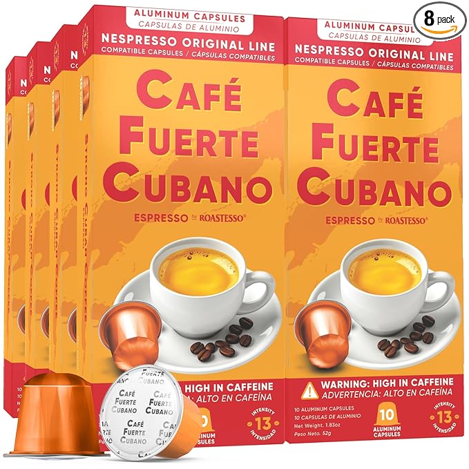 Café Fuerte Cubano, Aluminum Espresso Capsules, Compatible with Nespresso Original Machines, Dark Roast, Intensity 13, High Caffeine, Recyclable Coffee Pods, Roasted and Packaged in USA (80 Count)