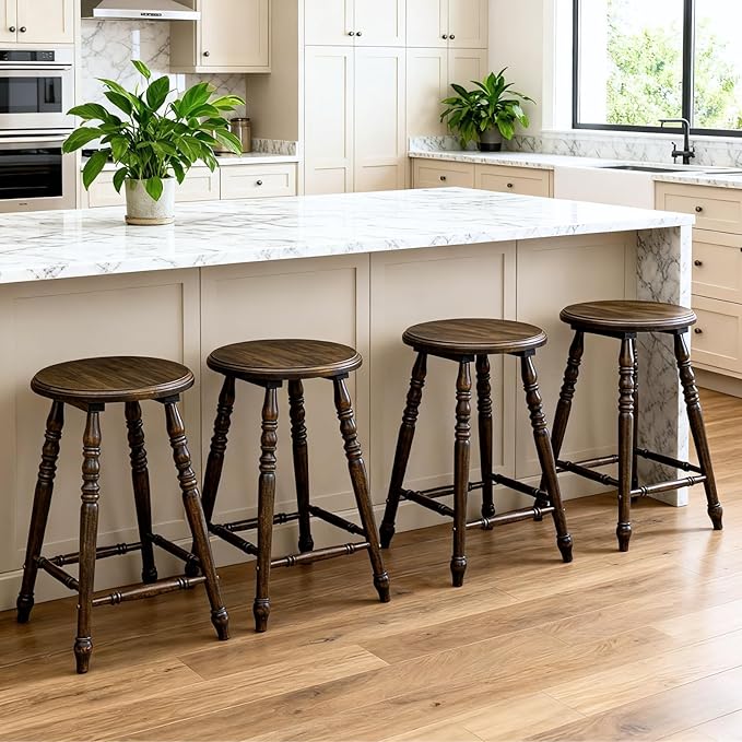 chairus 24" Backless Counter Height Bar Stools Set of 2, Farmhouse Wooden Counter Stools with Round Seat & Turned Legs, Rustic Vintage Colonial Short Bar Chairs for Kitchen Island, Antique Brown