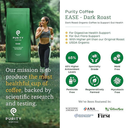 Purity Coffee EASE Dark Roast Low Acid Organic Coffee - USDA Certified Organic Specialty Grade Arabica Whole Bean Coffee - Third Party Tested for Mold, Mycotoxins and Pesticides - 5 lb Bag