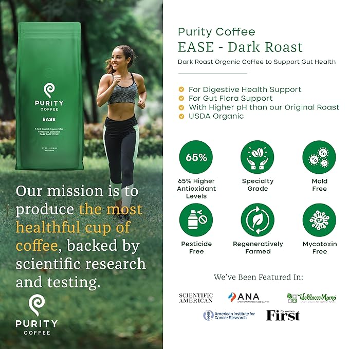 Purity Coffee EASE Dark Roast Low Acid Organic Coffee - USDA Certified Organic Specialty Grade Arabica Whole Bean Coffee - Third Party Tested for Mold, Mycotoxins and Pesticides - 5 lb Bag