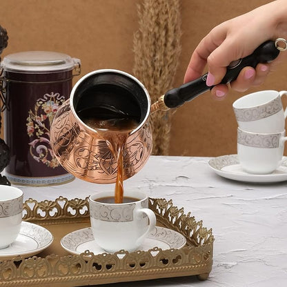BCS 18 Oz X-Large Copper Turkish Greek Arabic Coffee Pot with Wooden Handle (6 servings) Cezve Ibrik Briki Stovetop Coffee Maker (Includes Wooden Spoon)