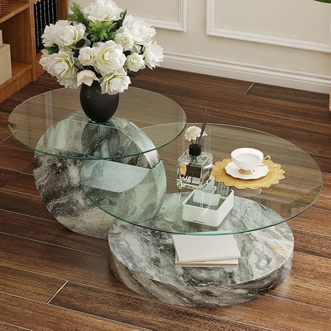 42 Inch Glass Coffee Table，Round Coffee Table with 2-Tier Tempered Glass Tabletop，Easy to Clean Circle Coffee Table with Sturdy Base for Living Room，Office (Light Gray Marble Colored Base