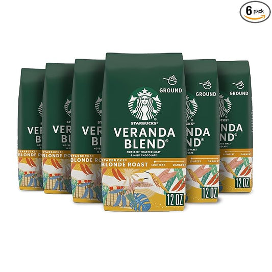 Starbucks Ground Coffee, Starbucks Blonde Roast Coffee, Veranda Blend, 100% Arabica, 6 bags (12 oz each)