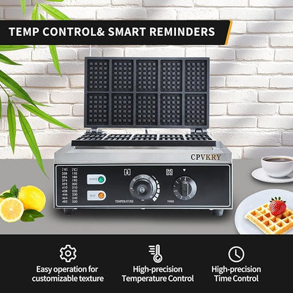 Commercial Rectangle Waffle Maker, 10pcs Waffle Iron, Non-Stick Industrial Belgian Waffle Maker Stainless Steel 110V Temp and Time Control, Suitable for Restaurant Bakeries Snack Bar Family