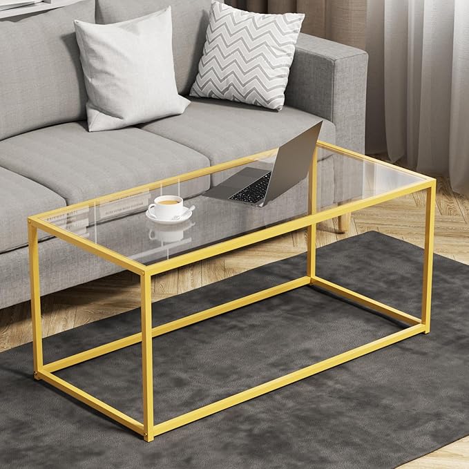 Tempered Glass Coffee Table - Minimalist Center Table for Living Room, Office - Modern Top With Sturdy Metal Frame & Open Storage - Easy Assembly, Gold