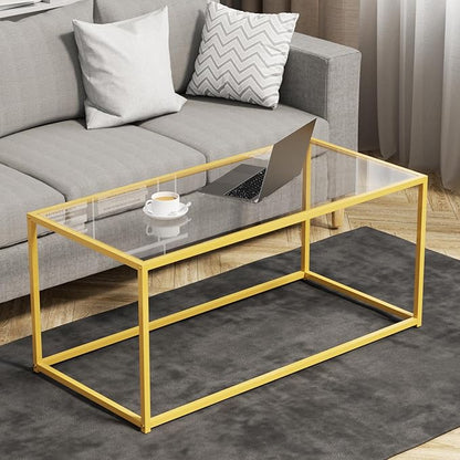 Glass Coffee Table for Living Room, Morden Center Table for Small Space,Simple Tea Cocktail Coffee Table with Clear Glass Top & Metal Frame, Easy Assembly,Gold