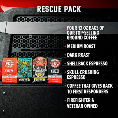 Fire Department Coffee - Gives Back to Firefighters - Rescue Variety Pack - Ground Coffee - Medium, Dark, Shellback Espresso, & Skull Crushing Espresso - Veteran Owned (12 oz, Pack of 4)