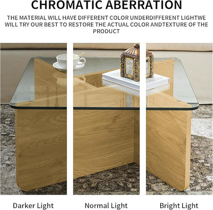 31.5" Glass Coffee Table, MDF Mid-Century Modern Square Coffee Table with Tempered Glass Top, Square Center Tables for Small Space Living Room Office Apartment, Wood