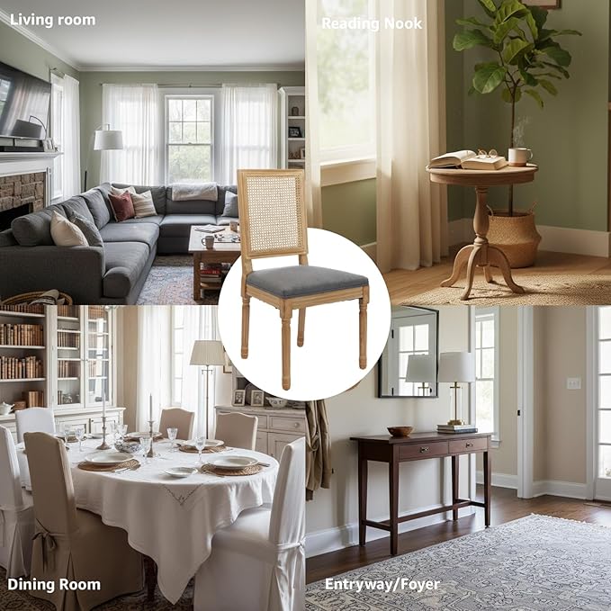 French Country Dining Chairs Set of 2, Grey Modern Kitchen & Dining Room Chairs, Rattan Dining Chair with Linen Upholstered Cushion, High Cane Back, Wood Legs, Sillas de Comedor (Gray, 2 Pcs)