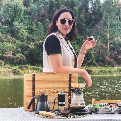 SOTECH Pour Over Manual Coffee Maker Set 2 Cup Coffee Dripper with Wooden Suitcase Coffee Kettle Scale Bean Grinder All In 1 Traveling Camping Hiking