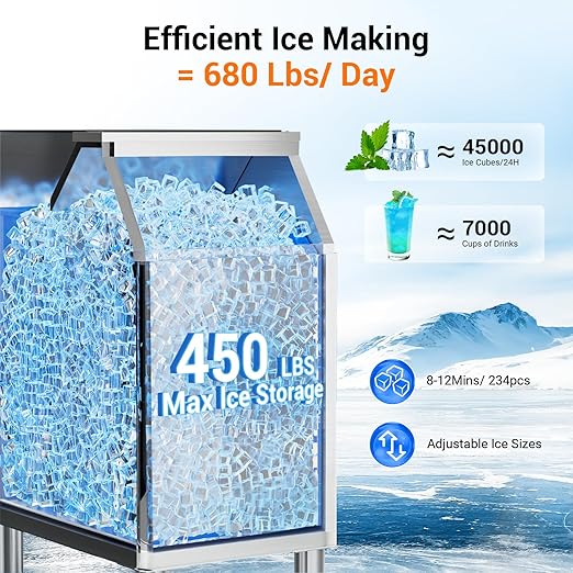 Commercial Ice Machine Maker 680LBS/24H with 450LBS Storage Bin, 234 Ice Ready in 8-12 Min, Self-Cleaning Commercial Ice Makers, Adjustable Ice Thicknesses, Timing Function