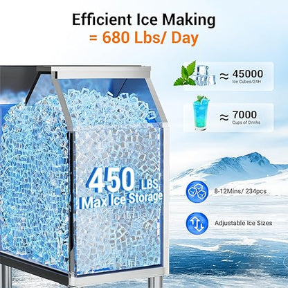 Commercial Ice Machine Maker 680LBS/24H with 450LBS Storage Bin, 234 Ice Ready in 8-12 Min, Self-Cleaning Commercial Ice Makers, Adjustable Ice Thicknesses, Timing Function