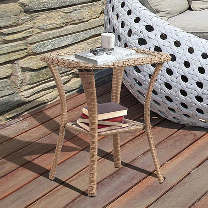 Patio Wicker Side Table, Outdoor PE Rattan End Table with 5mm Tempered Glass Top and 2-Tier Storage Shelf, 20" Square Coffee Table for Deck Porch Garden Backyard-Yellow